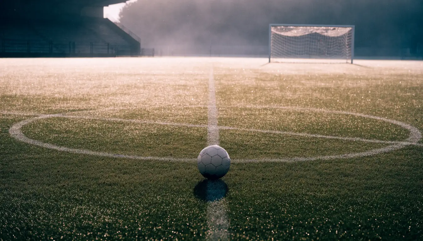 Ein einzelner Fussball liegt auf dem Anstosspunkt eines leeren Rasenplatzes am frühen Morgen, Tau glitzert auf dem Gras, die Tribüne liegt im Dunst.
