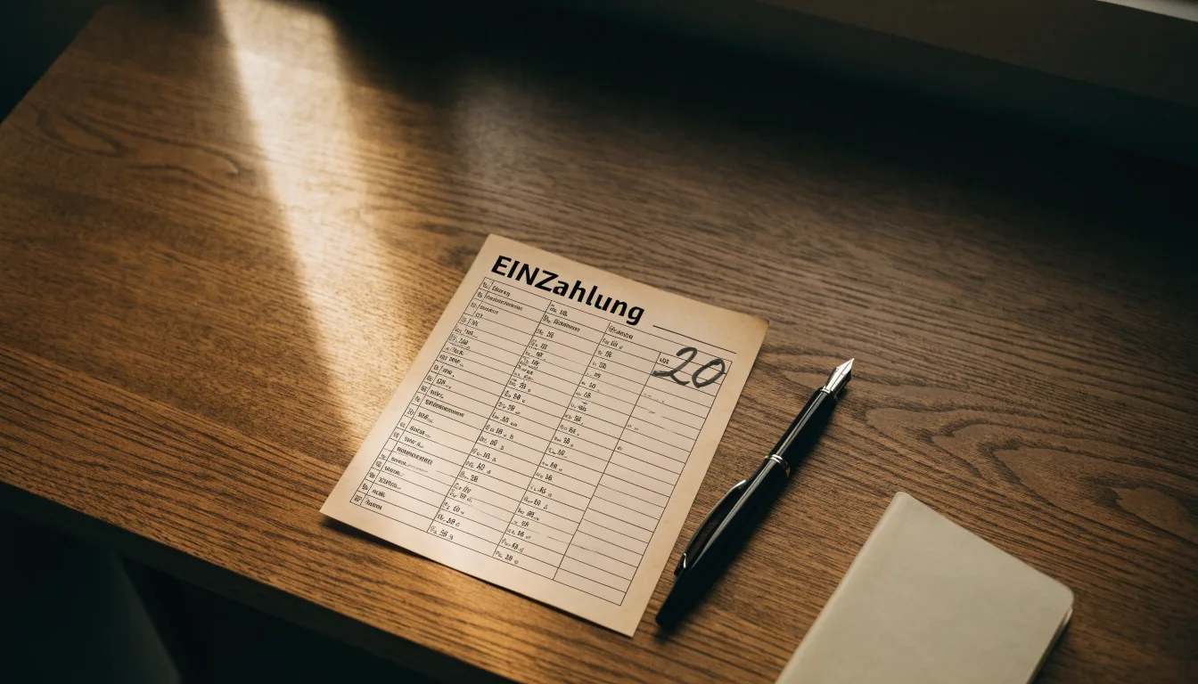 Ein schwerer Holztisch in einem hellen Büro mit einem leeren Notizblock und einem Füllfederhalter, Licht fällt durch ein hohes Fenster.