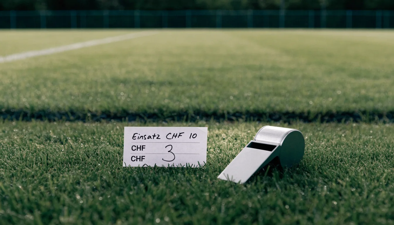 Eine Trillerpfeife liegt auf dem Rasen neben der Mittellinie, Tau hängt an den Halmen, im Hintergrund ein leerer Spielfeldrand.