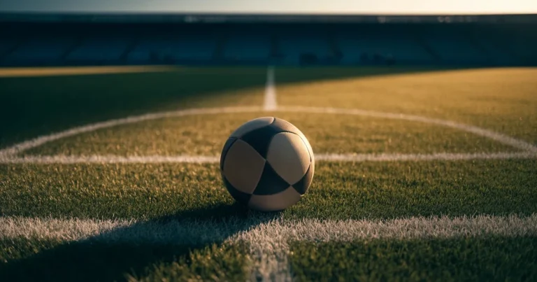Ein Fussball liegt auf dem Mittelkreis eines Rasenfelds, die weissen Linien kreuzen sich auf dem gepflegten Gras im warmen Abendlicht.