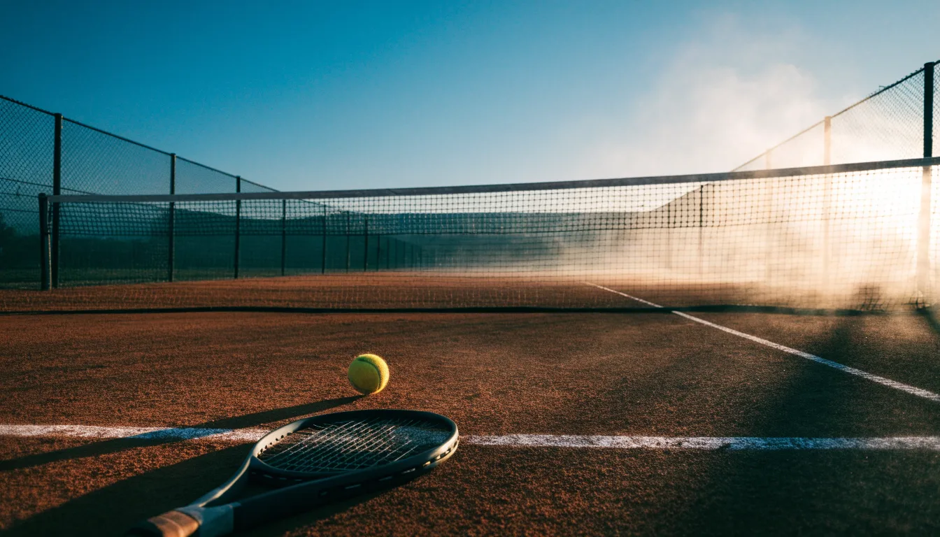 Ein Tennisplatz bei Sonnenaufgang, die Linien frisch gezogen, das Netz in der Mitte und Nebel über dem Boden.