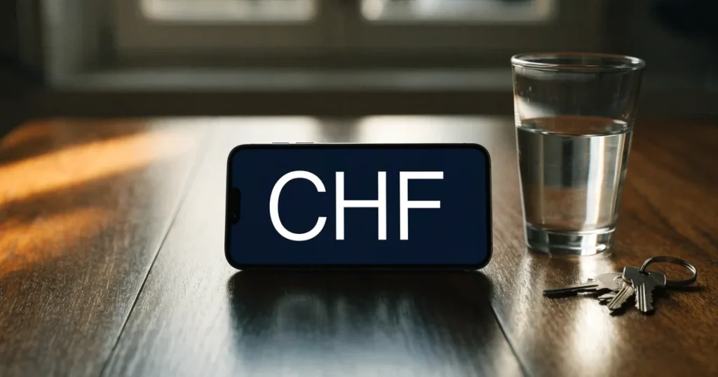 Ein Smartphone mit schwarzem Display liegt auf einem Holztisch neben einem Glas Wasser und einem Schlüsselbund.