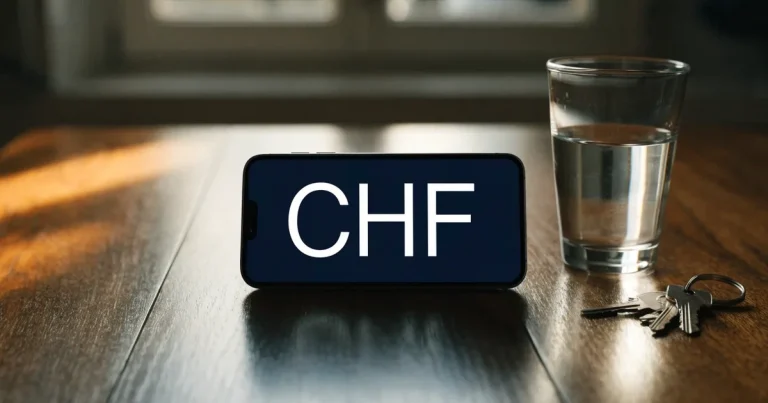 Ein Smartphone mit schwarzem Display liegt auf einem Holztisch neben einem Glas Wasser und einem Schlüsselbund.