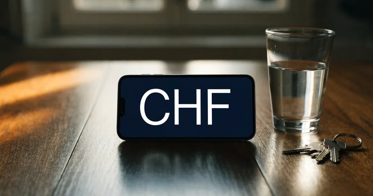 Ein Smartphone mit schwarzem Display liegt auf einem Holztisch neben einem Glas Wasser und einem Schlüsselbund.