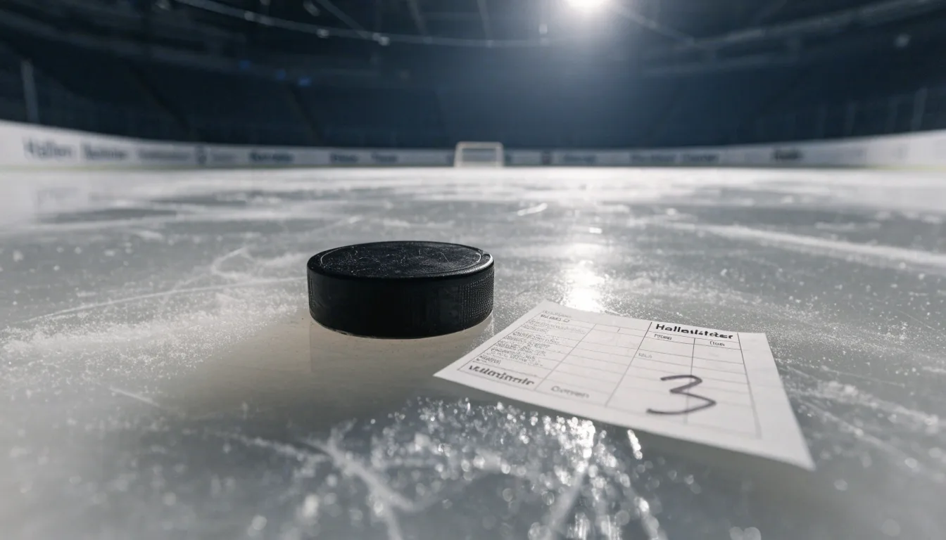 Ein Eishockeypuck liegt auf dem Eis, im Hintergrund unscharf die Bande unter hellem Hallenlicht.
