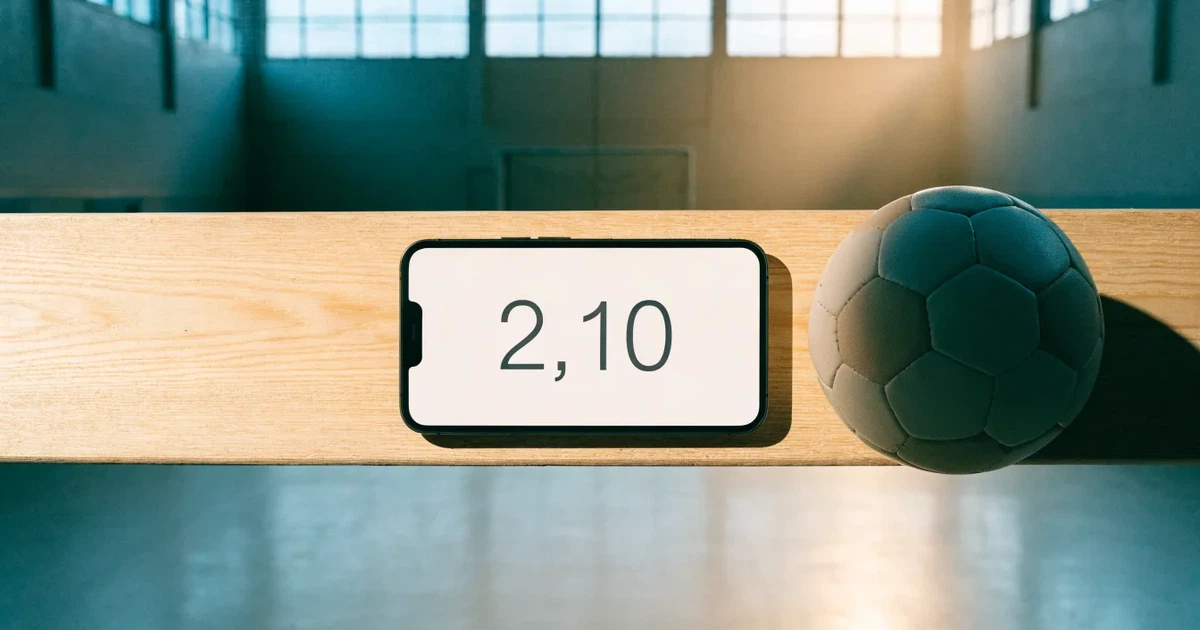 Fünf Sportbälle verschiedener Sportarten stehen in einer Reihe auf einer Holzbank in einer Turnhalle, Licht fällt durch hohe Fenster.
