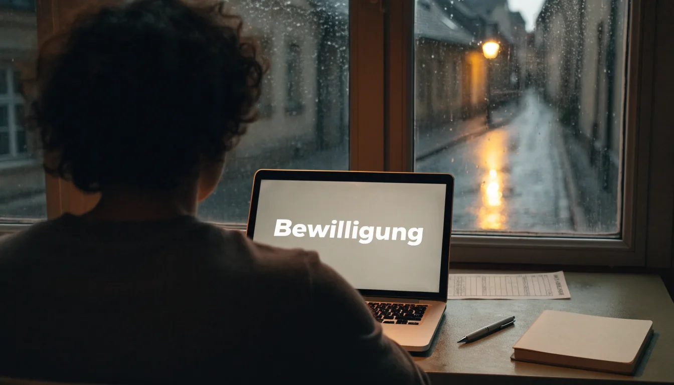 Eine Strassenlaterne in einer leeren Gasse am Abend, das nasse Kopfsteinpflaster spiegelt das warme Licht.