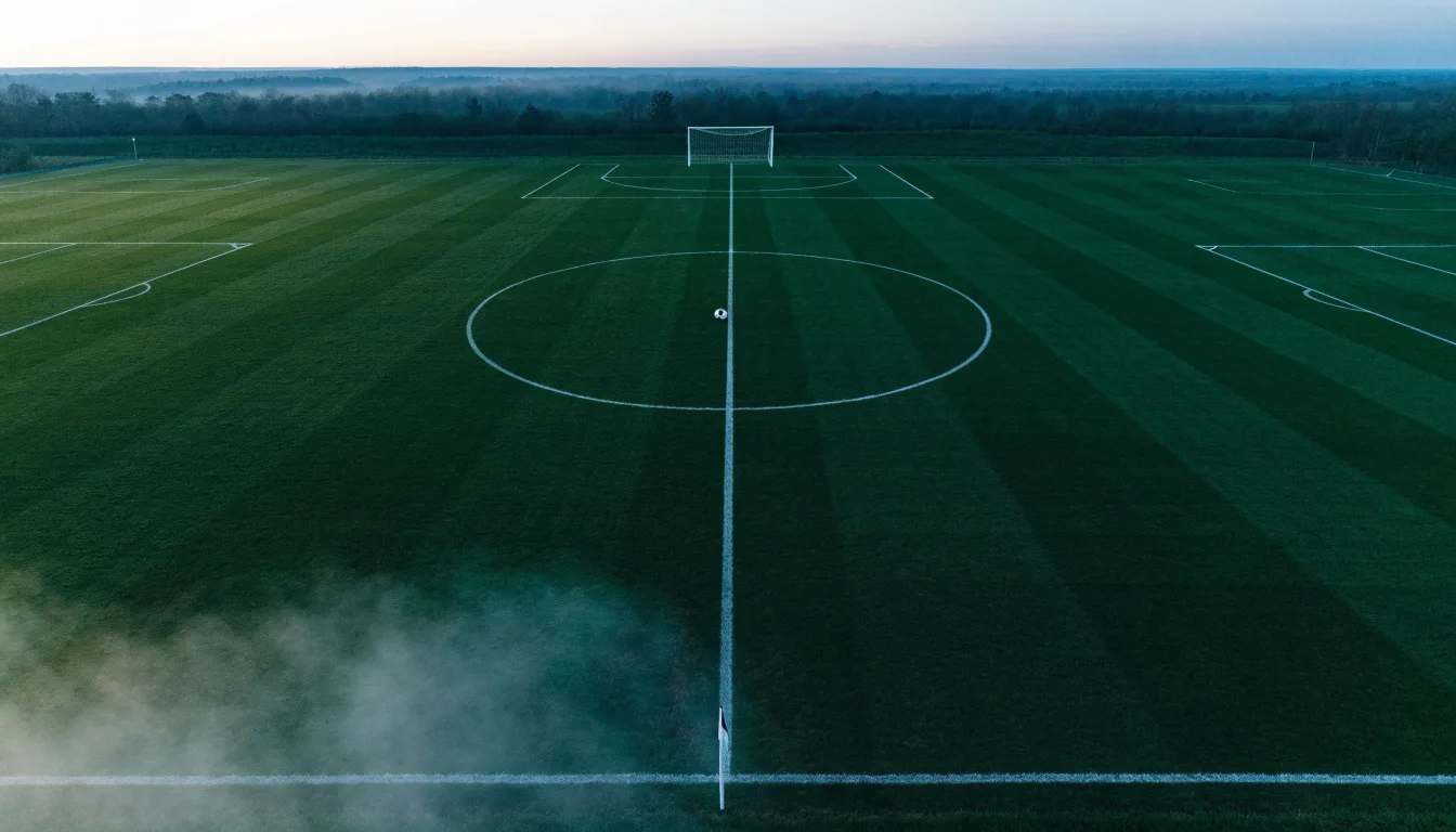 Ein Fussballplatz von oben gesehen, die Linien bilden ein helles Muster auf dem Rasen, Drohnenperspektive in der Morgendämmerung.