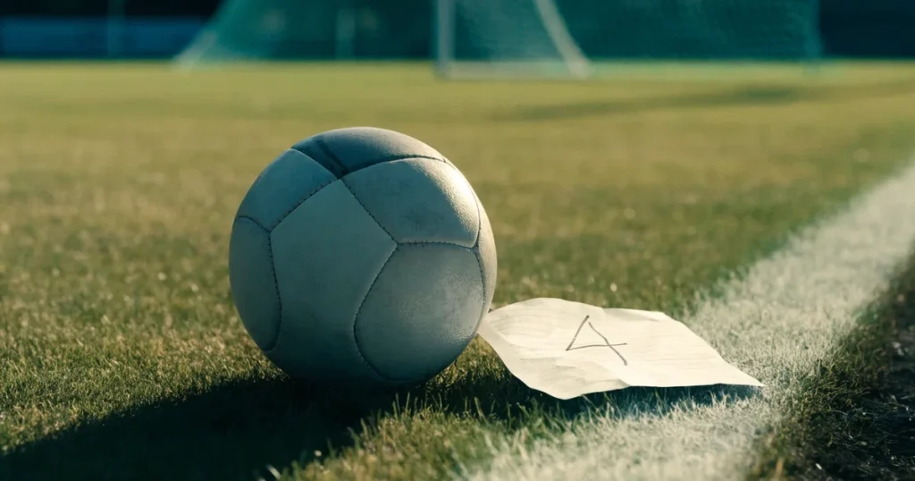 Ein Fussball und ein Massband liegen auf kurz geschnittenem Rasen neben einer Kreidelinie, Morgenlicht von der Seite.