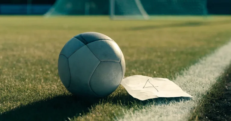 Ein Fussball und ein Massband liegen auf kurz geschnittenem Rasen neben einer Kreidelinie, Morgenlicht von der Seite.