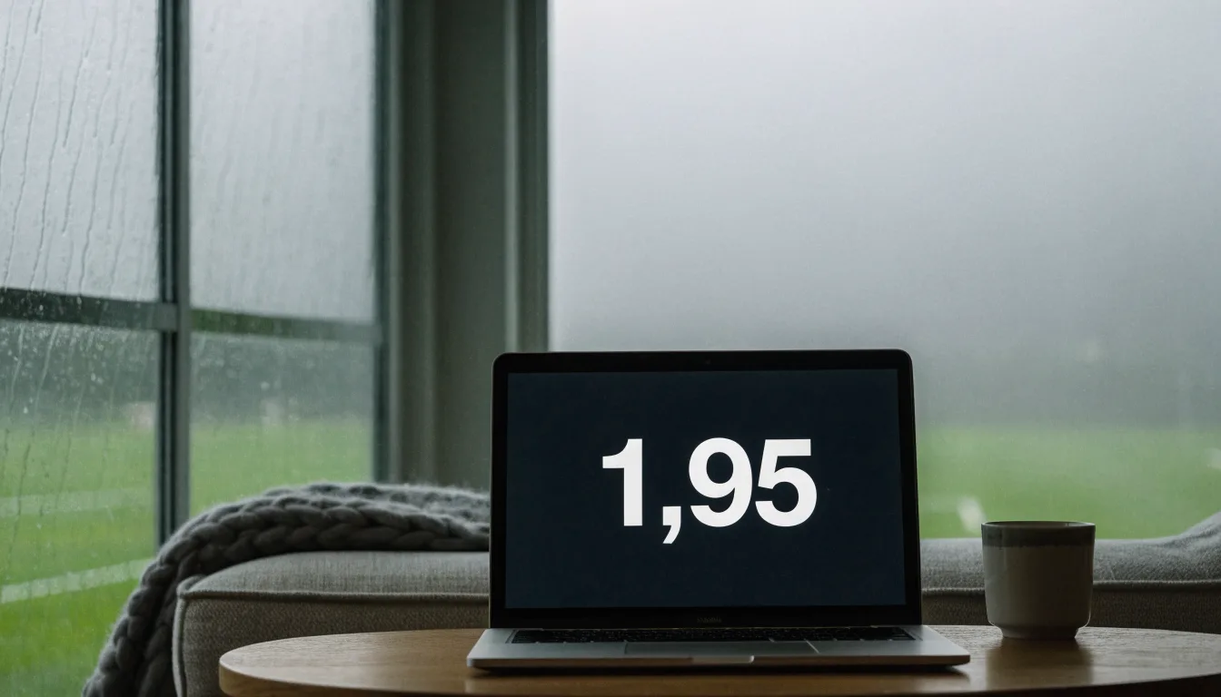 Ein Sofa mit Wolldecke steht vor einem grossen Fenster, draussen Regen und in der Ferne ein Fussballplatz.
