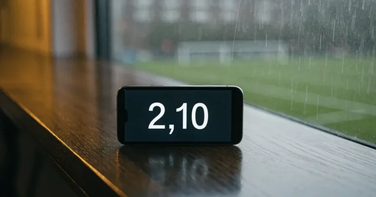 Ein Wetterbarometer hängt an einer Holzwand neben einem Fenster, draussen liegt ein nasser Fussballplatz im Regen.