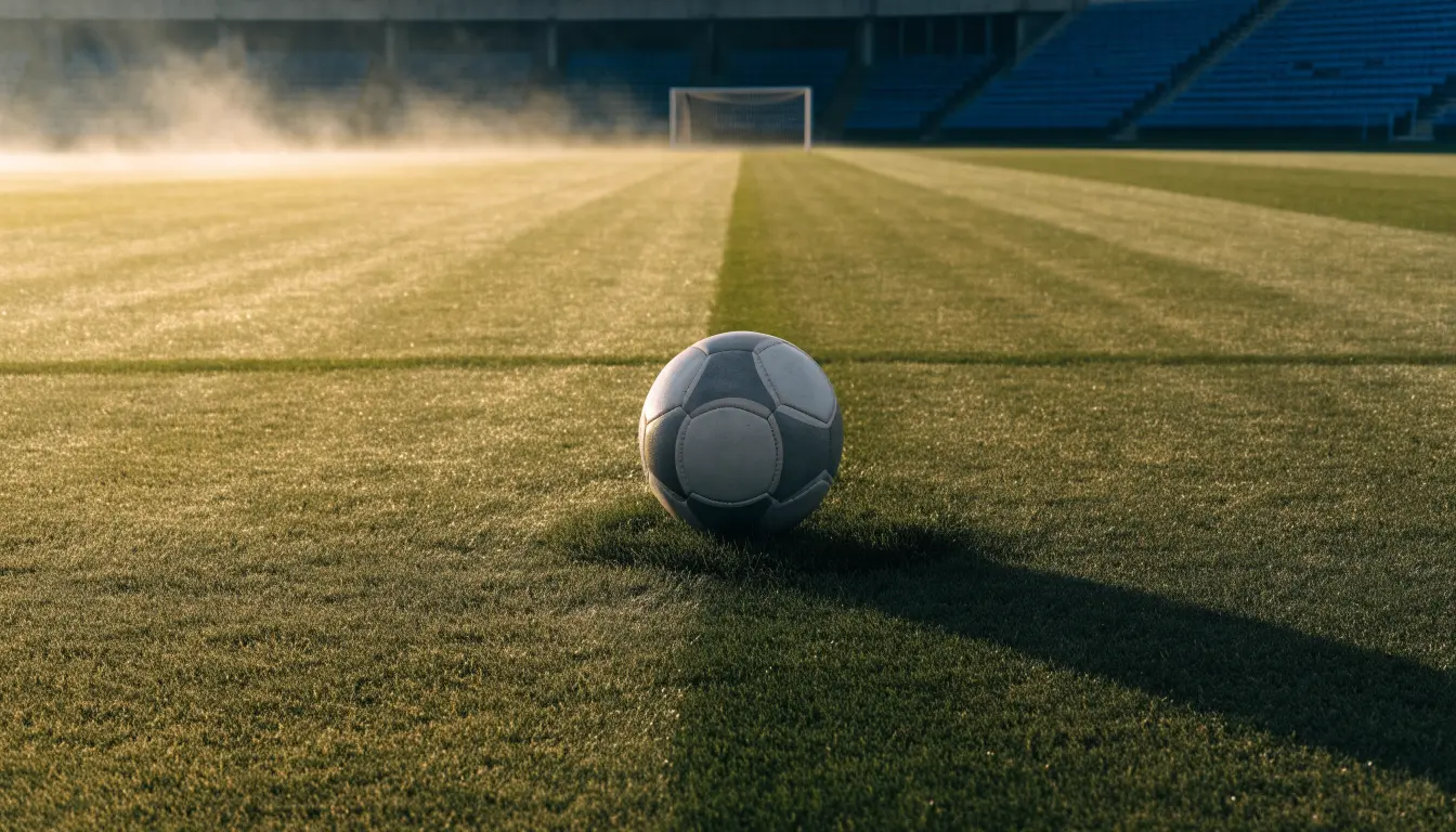 Ein Fussball liegt auf dem Anstosspunkt eines leeren Rasenplatzes im frühen Morgenlicht, dahinter erhebt sich eine menschenleere Tribüne.
