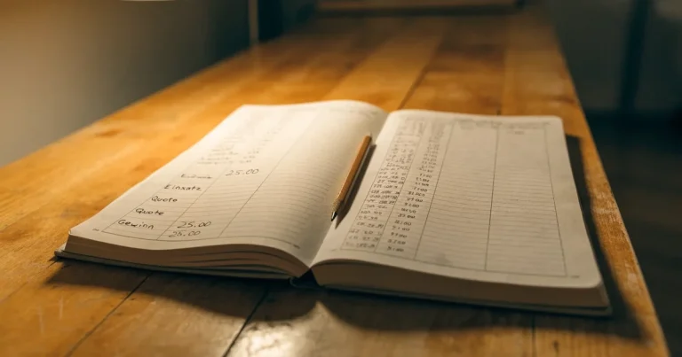 Ein aufgeschlagenes Notizbuch mit handschriftlichen Strichlisten und Spalten liegt neben einem Bleistift auf einem Holztisch im warmen Licht einer Schreibtischlampe.