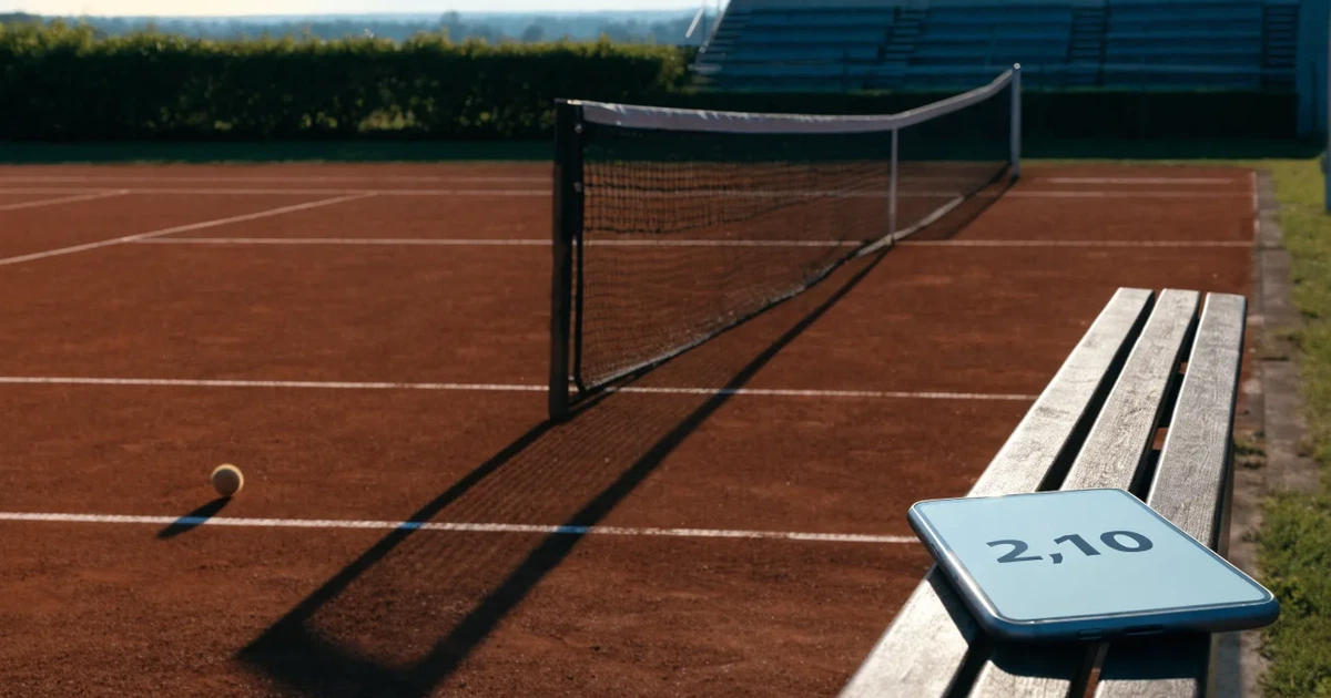 Ein Sandplatz für Tennis liegt bei Sonnenaufgang still da, das Netz wirft einen langen Schatten über die weissen Linien.