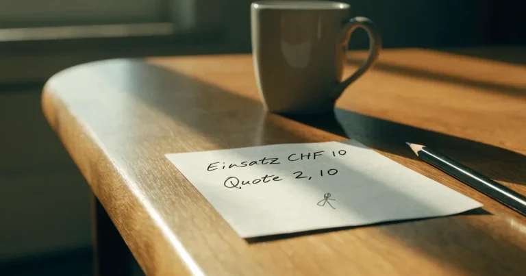 Ein leerer Wettschein aus Papier liegt auf einem Holztisch neben einem Bleistift und einem Kaffeebecher.