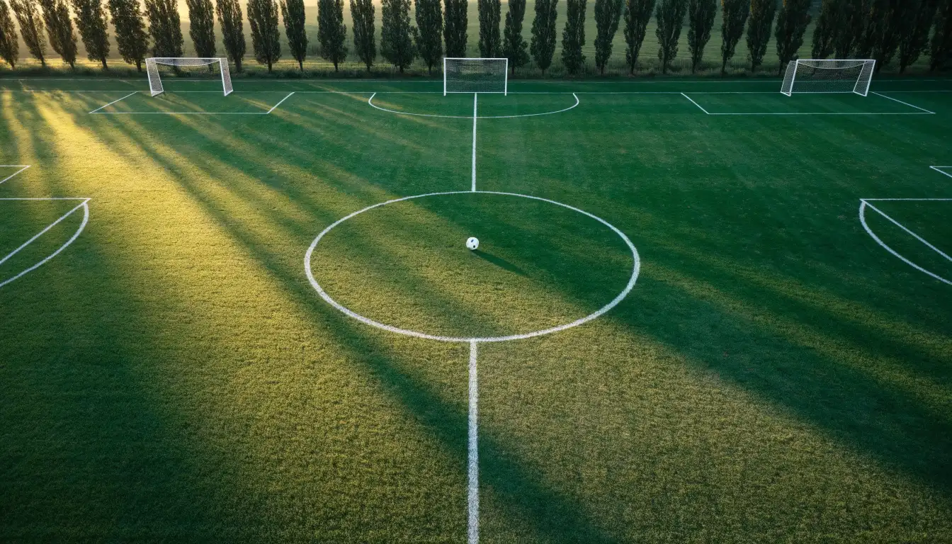 Ein leerer Fussballplatz mit weissen Linien von oben gesehen im Morgenlicht, am Rand stehen zwei Tore und eine Reihe Pappeln.