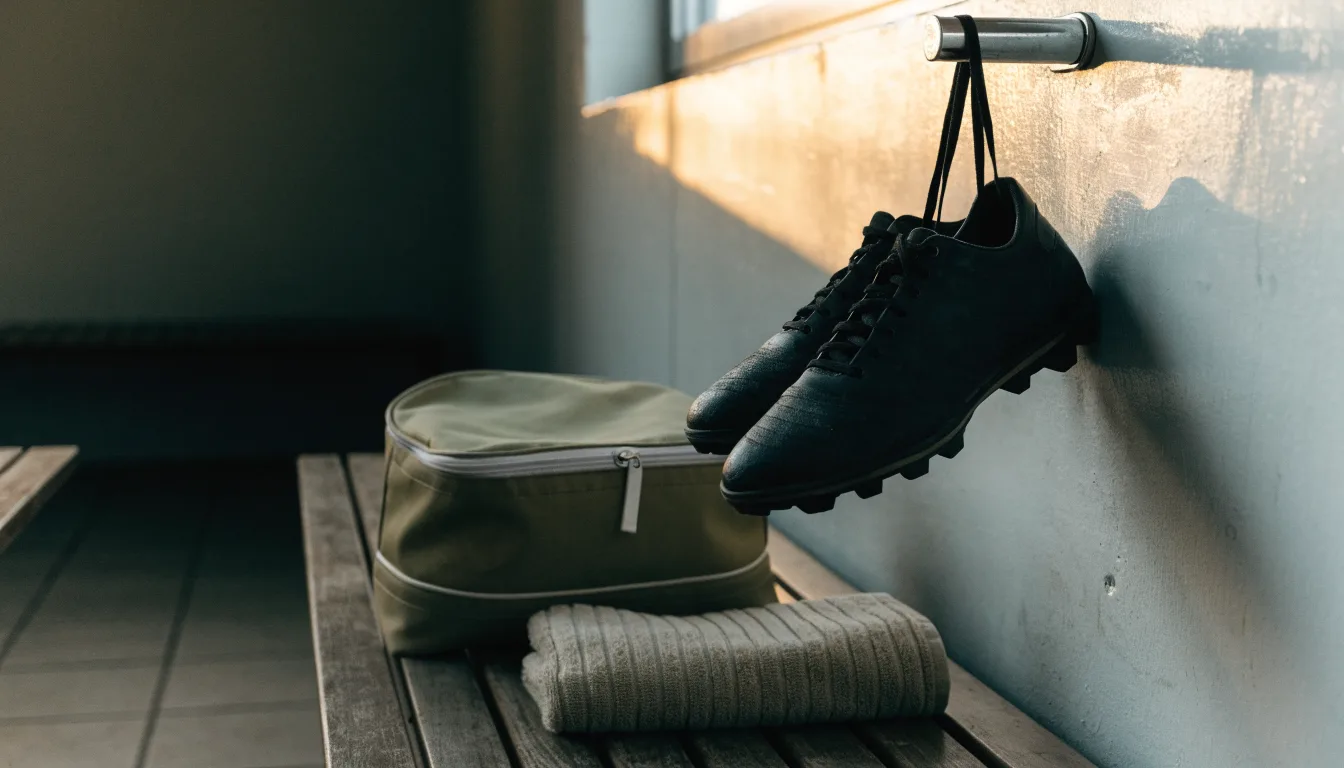Ein Paar Fussballschuhe hängt an einem Haken in einer ruhigen Umkleide, darunter steht eine Sporttasche auf einer Holzbank.