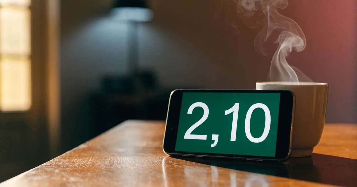 Ein Smartphone mit dunklem Display liegt auf einem Holztisch neben einer Kaffeetasse, durch das Fenster fällt warmes Abendlicht.