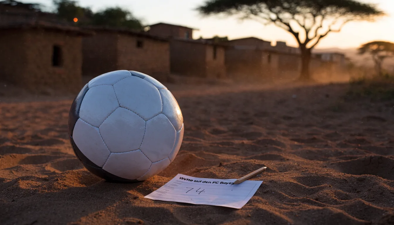 Ein Fussball liegt auf rotbraunem Sand am Rand eines Dorfes, die Abendsonne wirft lange Schatten.