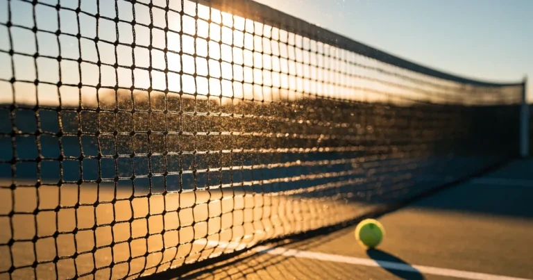 Ein Tennisnetz in Nahaufnahme im Gegenlicht der tiefstehenden Sonne, feine Staubkörner schweben über dem Platz.