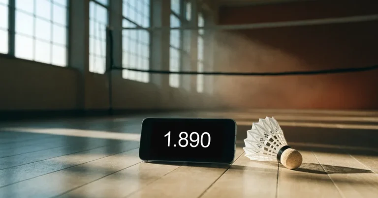 Ein Federball liegt auf dem Boden einer leeren Sporthalle, das Netz verschwimmt im Hintergrund, Licht fällt durch hohe Fenster.