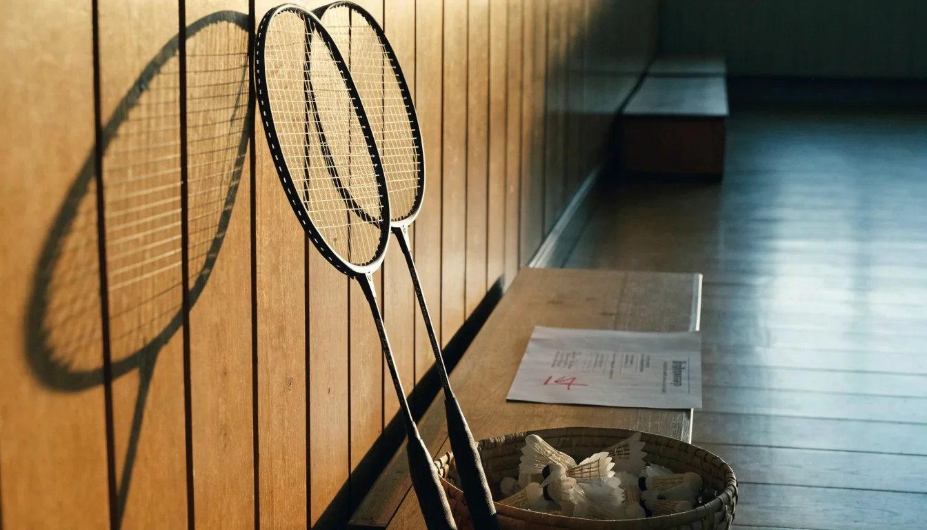 Zwei Badmintonschläger lehnen gekreuzt an einer Hallenwand aus Holz, daneben steht ein Korb mit Federbällen.