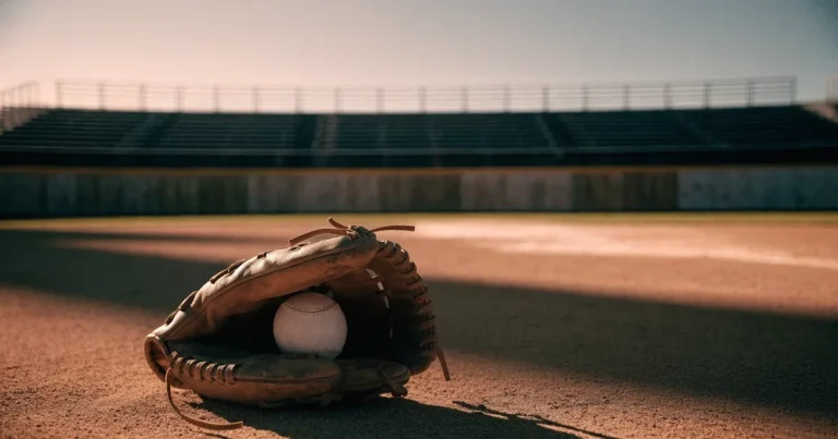 Ein Lederhandschuh und ein Ball liegen auf dem Sandboden eines leeren Spielfelds, die tiefstehende Sonne wirft lange Schatten.