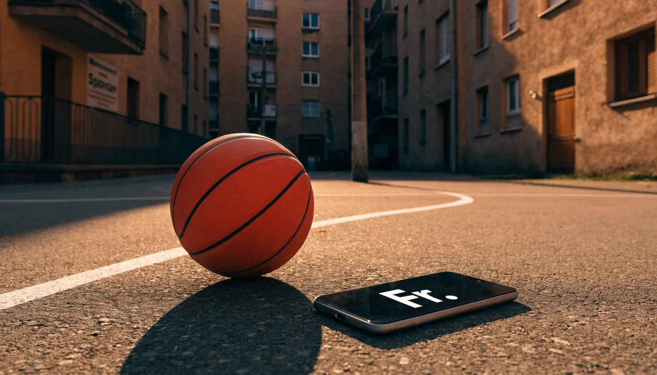 Ein Basketball liegt auf einem Asphaltplatz in einem Hinterhof zwischen Wohnblöcken, das Abendlicht färbt die Wände warm.