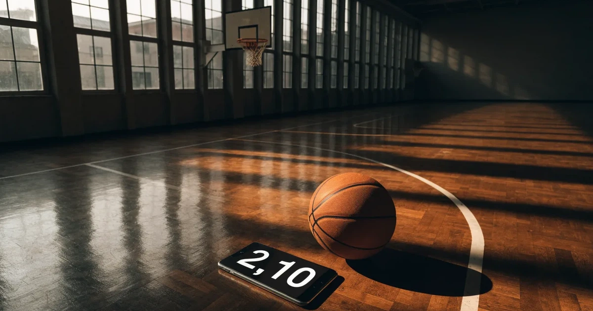 Ein Basketballkorb mit Netz in einer leeren Halle, Licht fällt von hohen Fenstern auf den glänzenden Parkettboden.