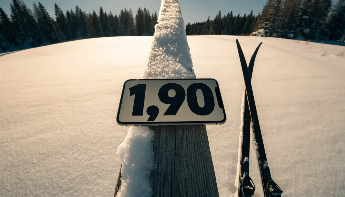 Ein Paar Langlaufskier steckt aufrecht im Schnee neben einem Holzzaun, die Sonne glitzert auf Eiskristallen.