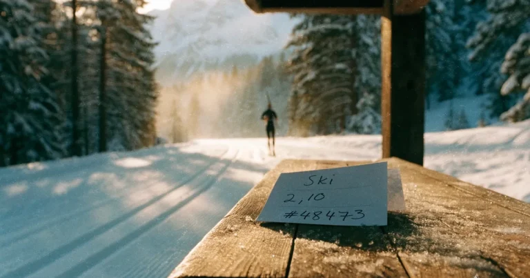 Eine verschneite Langlaufloipe führt durch Tannenwald im Morgenlicht, frische Spuren im Schnee, dahinter Berge im Dunst.