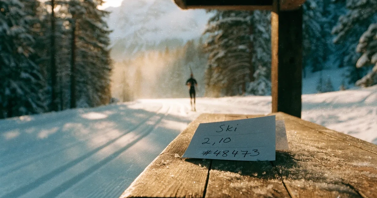 Eine verschneite Langlaufloipe führt durch Tannenwald im Morgenlicht, frische Spuren im Schnee, dahinter Berge im Dunst.