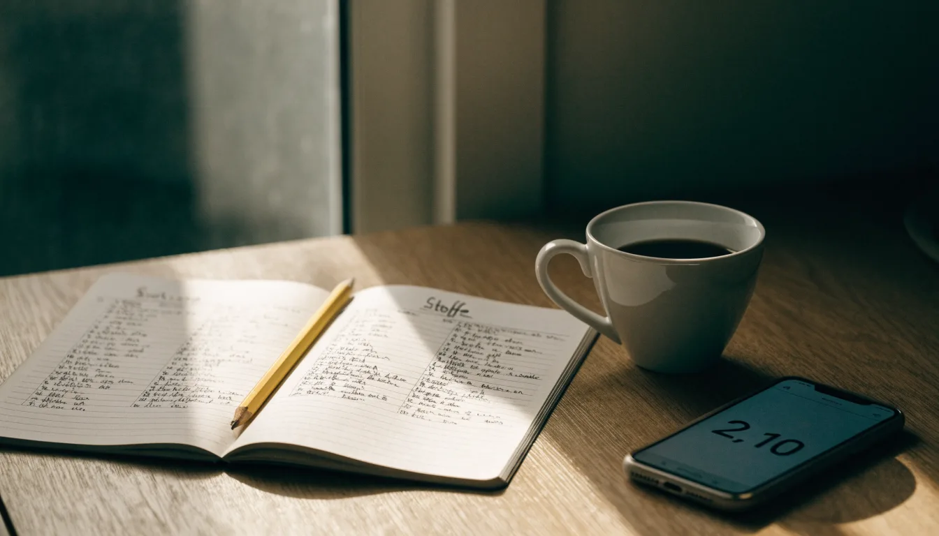Ein aufgeschlagenes Notizbuch mit handgeschriebenen Spalten und ein Bleistift neben einer Tasse Kaffee auf einem Holztisch am Morgen