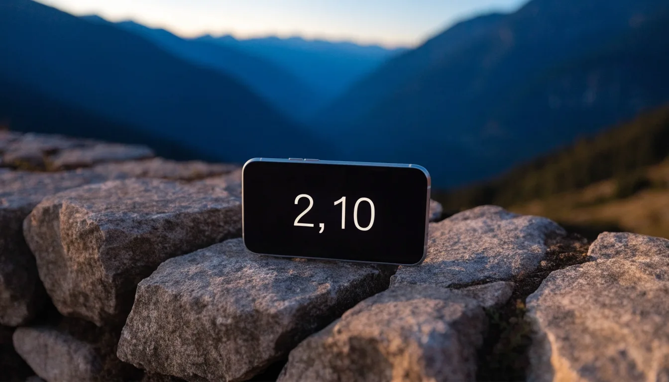Ein Smartphone mit dunklem Display liegt auf einer Steinmauer, dahinter ein Alpental im Abendlicht