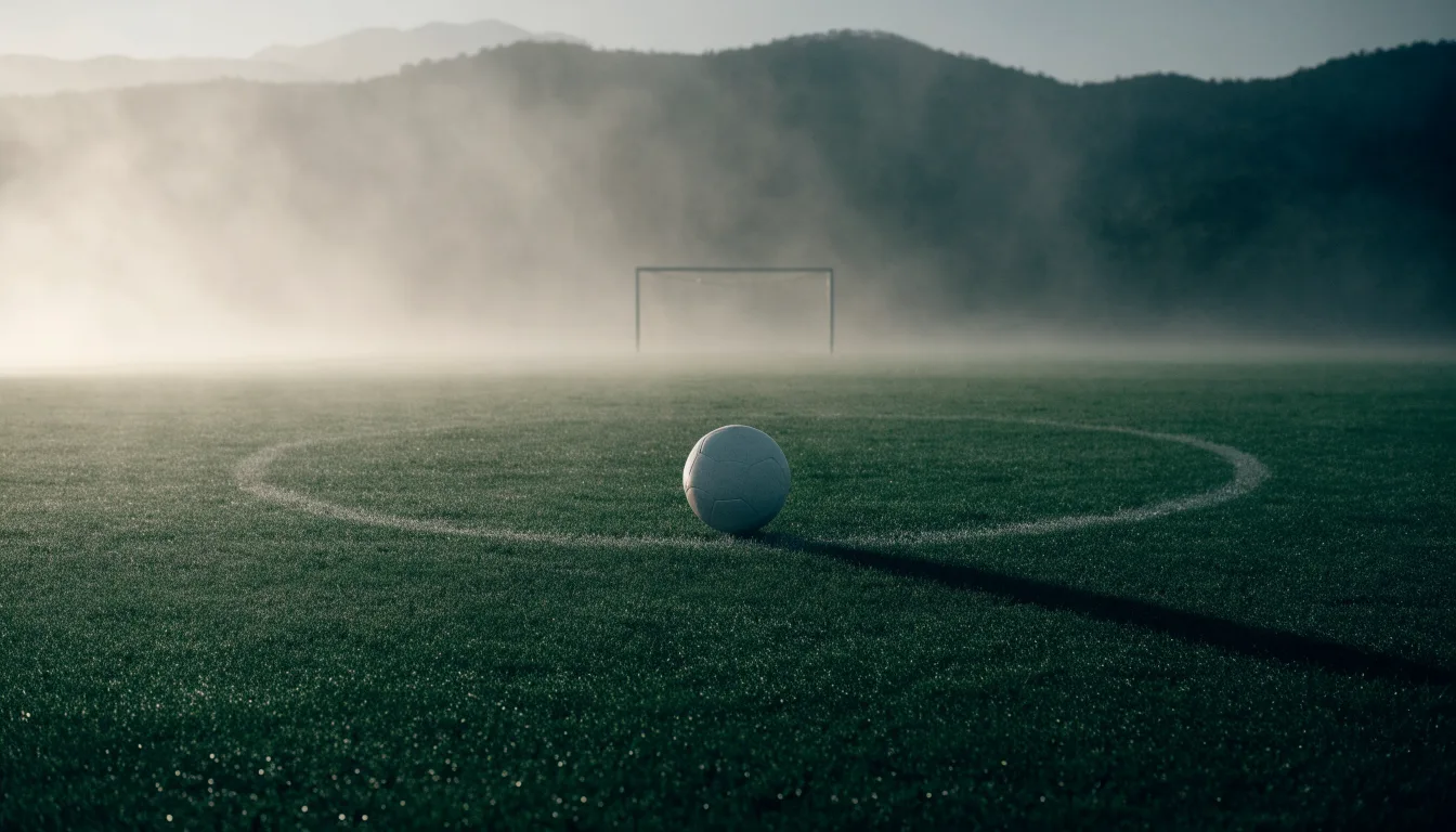 Ein einzelner Fussball auf dem Mittelpunkt eines leeren Rasens im Morgennebel, hinter dem Tor ragen Berge auf
