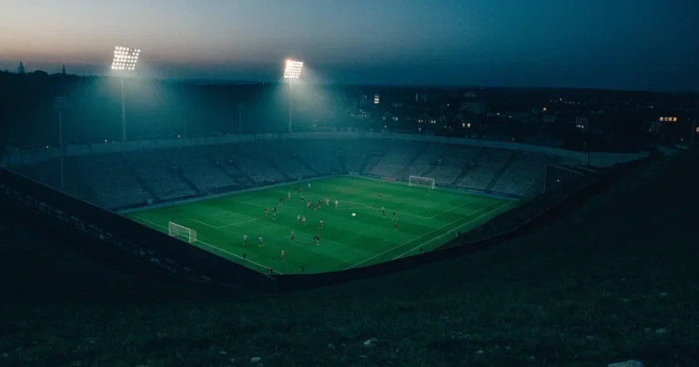 Ein Fussballstadion bei Flutlicht von einer Anhöhe aus gesehen, der Rasen leuchtet grün unter dunklem Abendhimmel