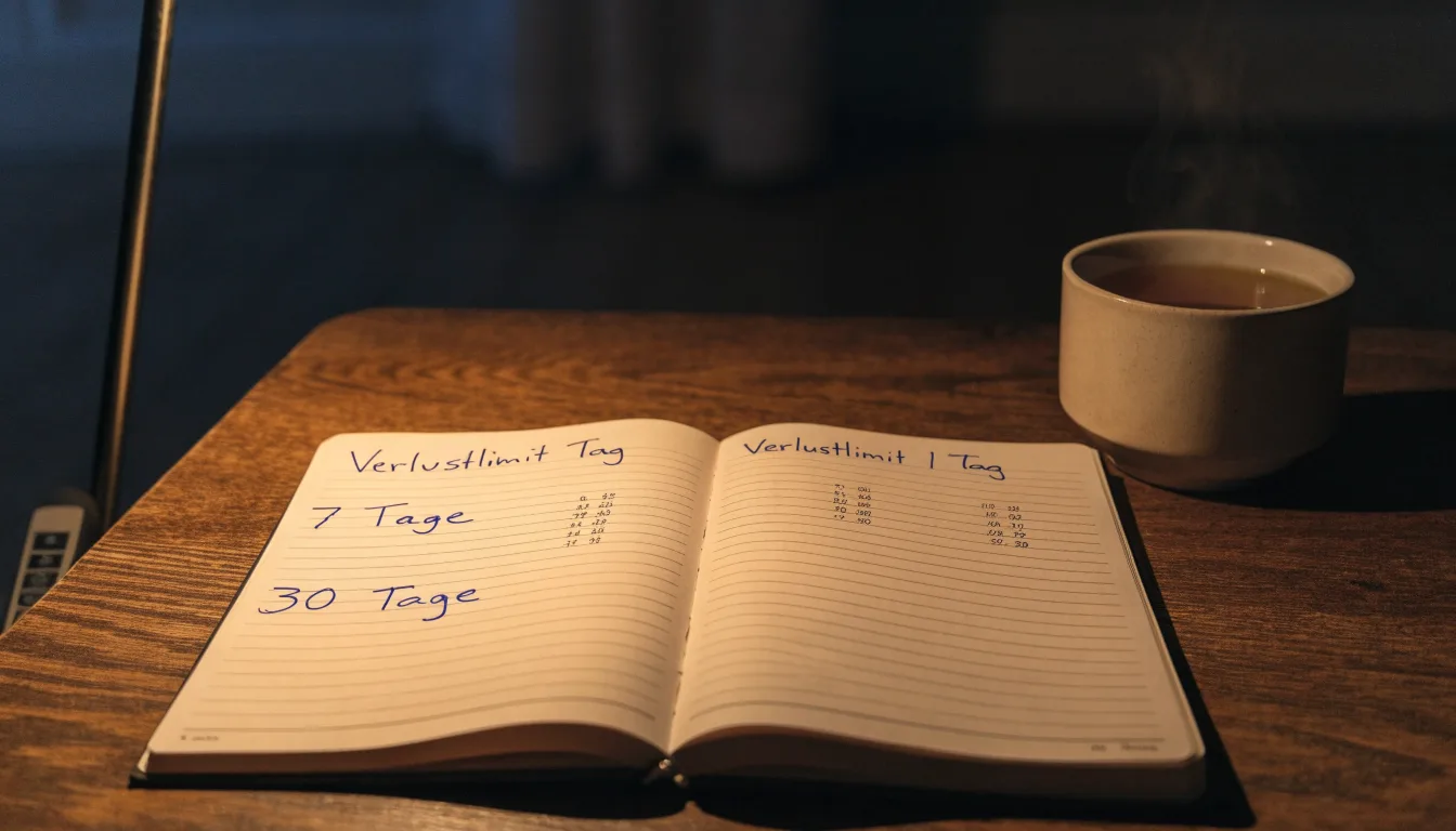 Ein Notizbuch mit handschriftlichen Einträgen und eine Tasse Tee stehen auf einem Tisch neben einer Stehlampe