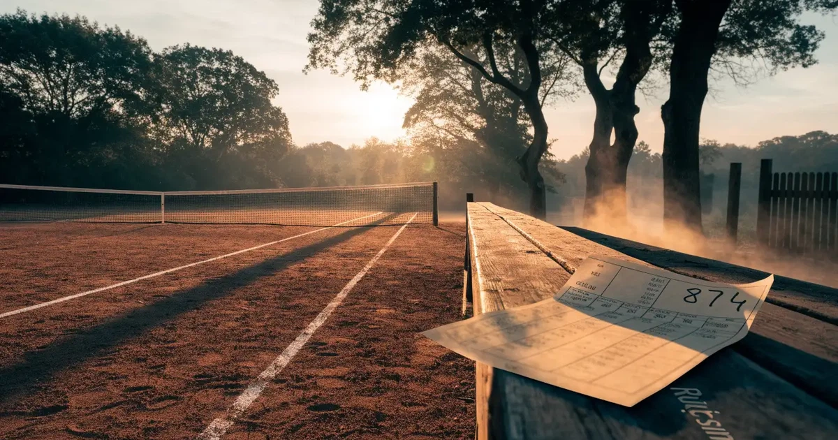 Ein Tennisplatz aus Sand bei Sonnenaufgang mit gespanntem Netz, Nebel zwischen den Bäumen am Rand