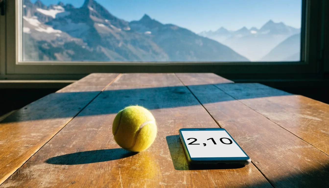 Ein einzelner gelber Tennisball liegt auf einem Holztisch vor einem Fenster mit Alpenblick