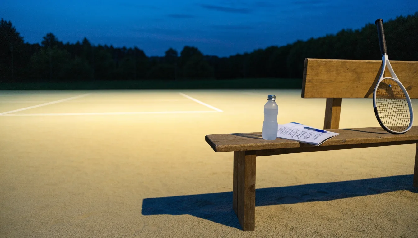 Ein Tennisschläger lehnt an einer Bank neben einer Wasserflasche, am Abend ruht der Platz im Flutlicht, aus der Ferne gesehen