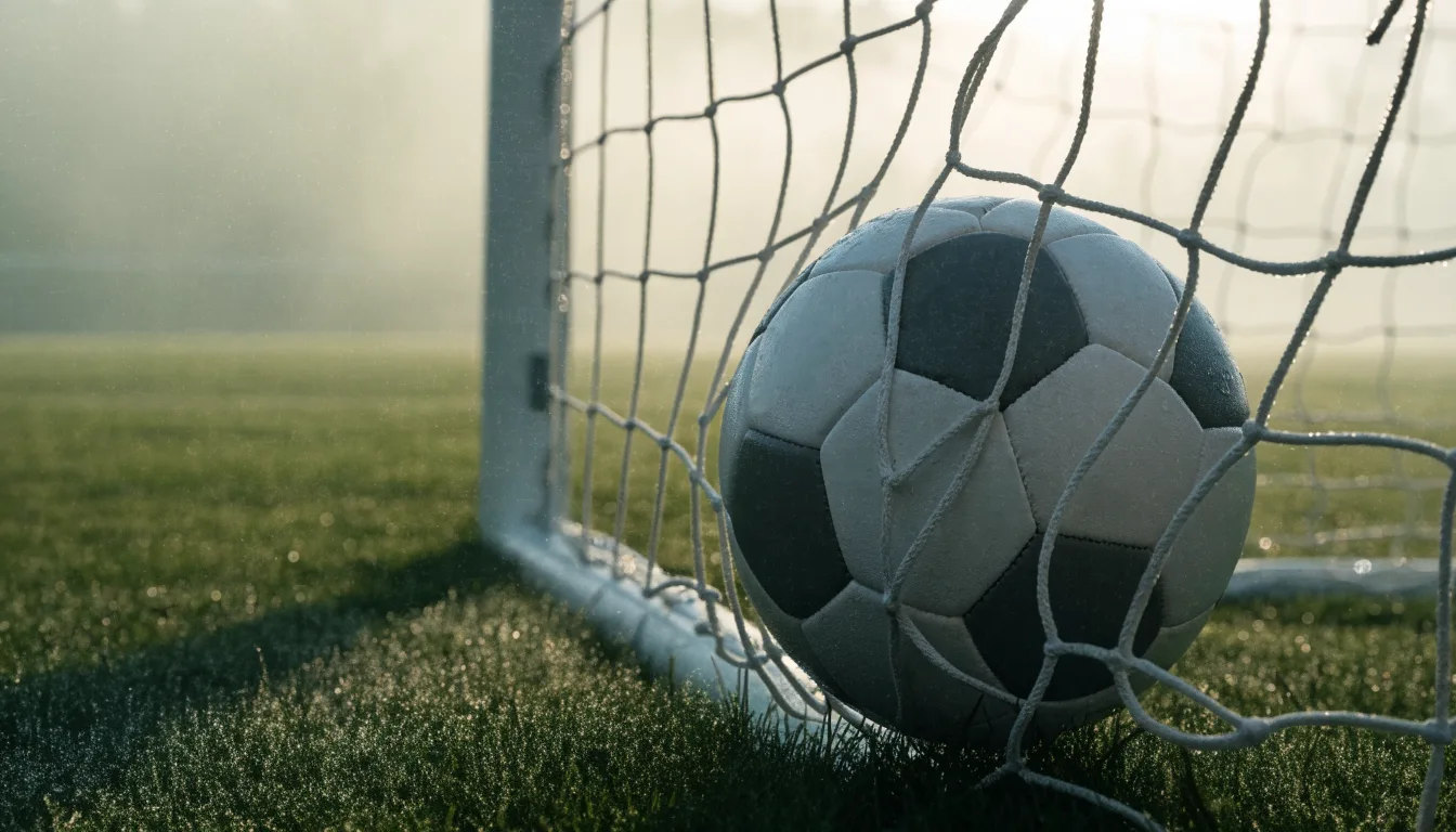 Ein Fussball liegt im Netz hinter einem Tor, weicher Morgennebel hängt über dem Rasen