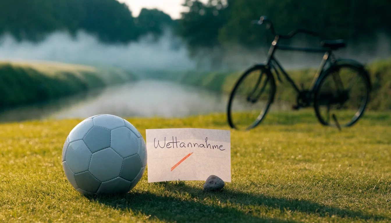 Ein Fussball liegt auf einer Wiese neben einem Fahrrad, im Hintergrund ein Kanal im Morgenlicht