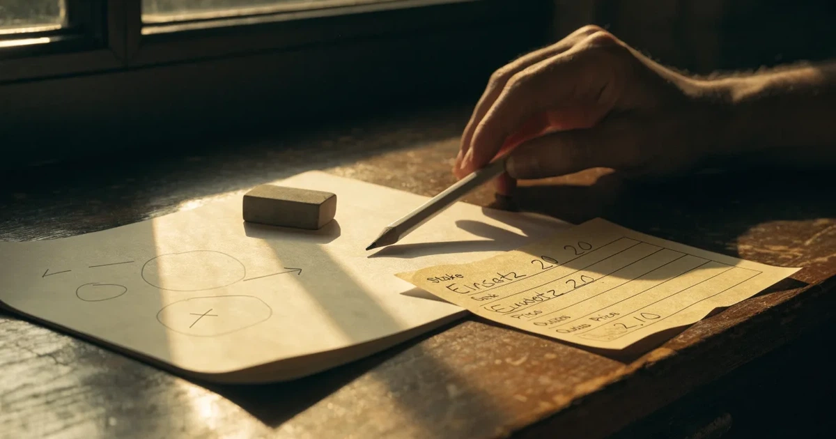 Ein Bleistift liegt quer auf einem karierten Papierblock mit handgezeichneten Kreisen und Pfeilen, daneben ein Radiergummi im Seitenlicht.