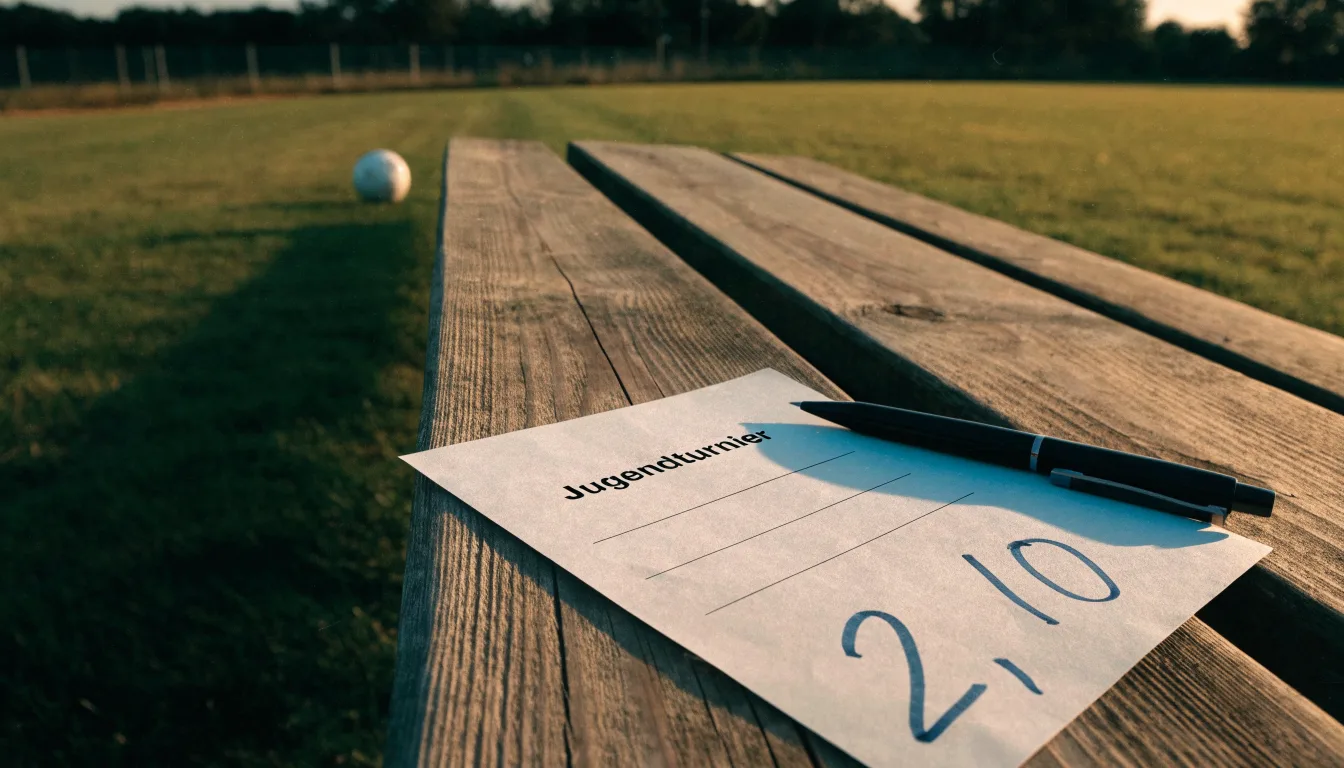 Ein Fussballschuh hängt an den Schnürsenkeln an einem Zaunpfosten neben einem Trainingsplatz im Abendlicht.