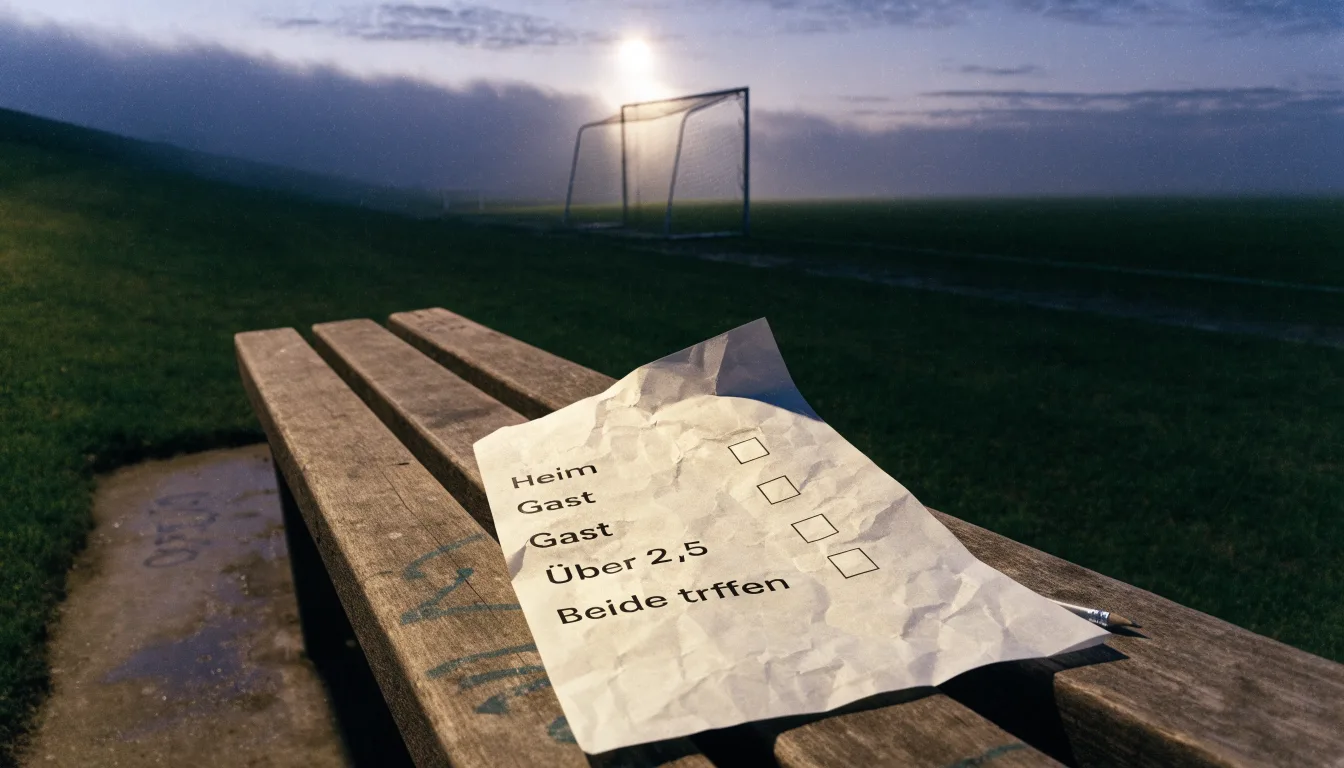 Ein Torpfosten mit Netz steht im Gegenlicht auf einem leeren Fussballplatz, über dem Rasen liegt Nebel.