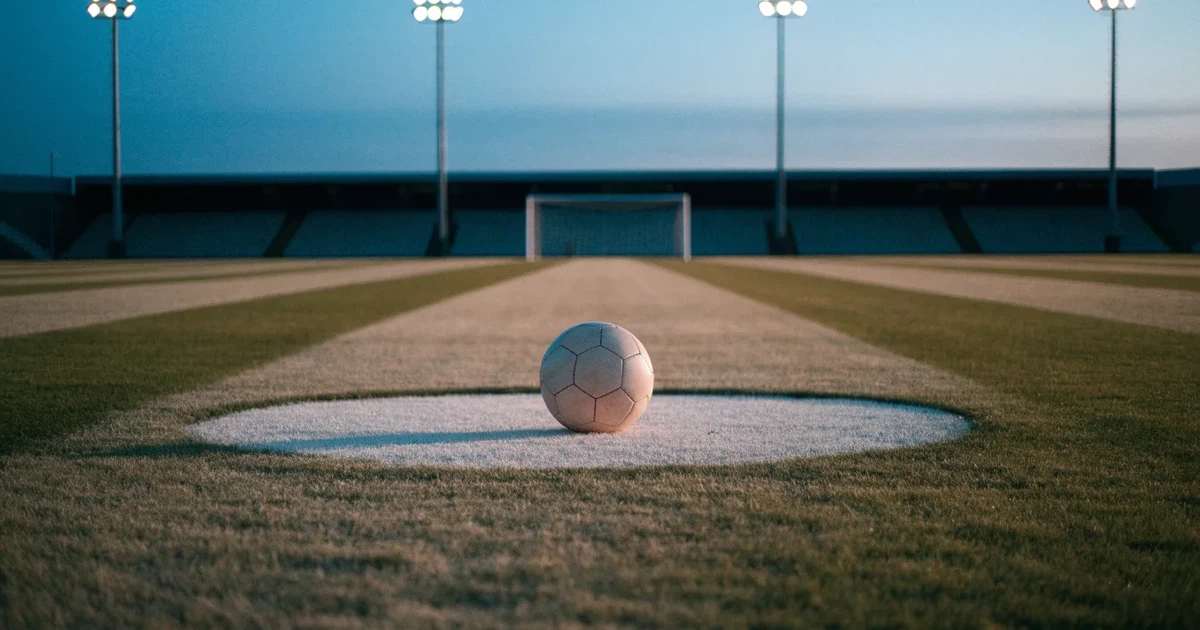Ein Fussball liegt auf dem Anstosspunkt eines leeren Rasenplatzes, im Hintergrund glimmen Flutlichtmasten im Abendlicht.